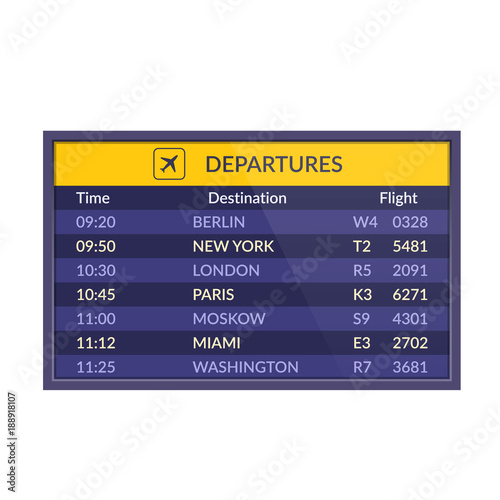 Board of departures in airport. Realistic flip airport scoreboard template.