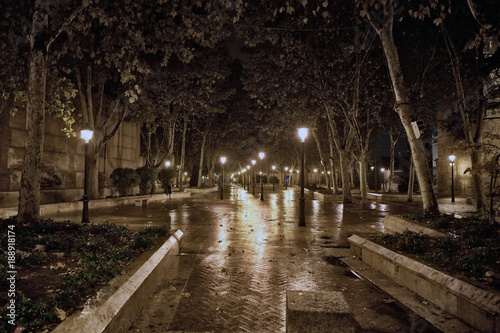 Night view of the archiepiscopal palace square in Alcala de Henares (Spain) with wet cobblestone floor and reflecting lights on a cold and rainy night