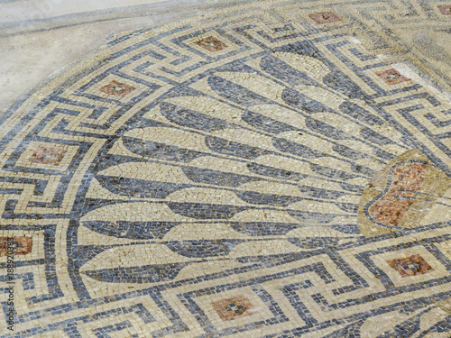 Caesarea, Israel - Mosaics in Caesarea National Park - Ruins of ancient Cesarea built by Herod. Cesarea represents an exceptional archaeological site of the Roman and Crusader period