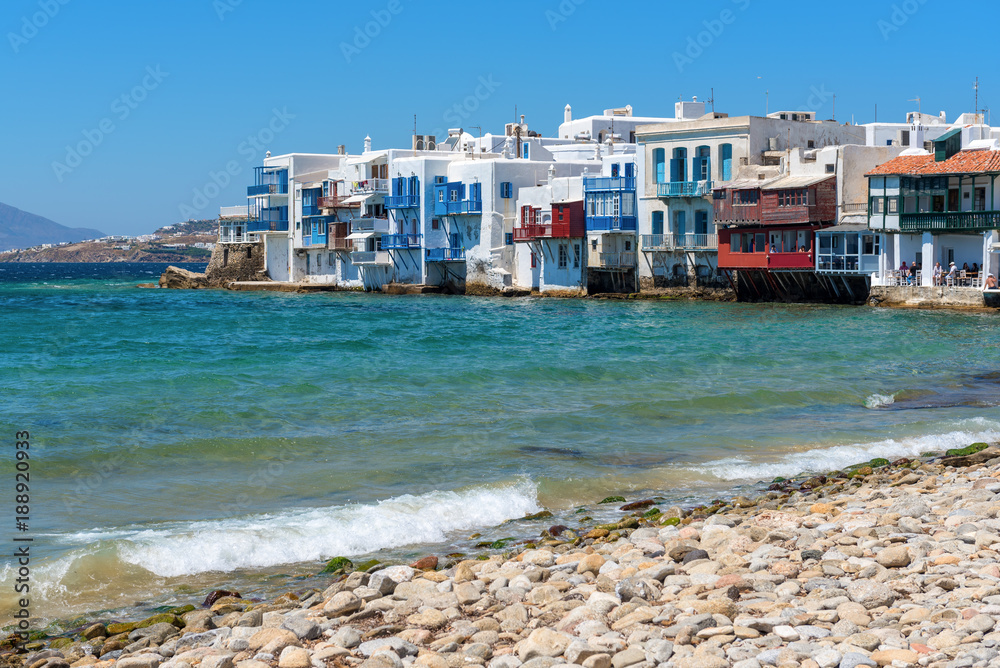 Colourful buildings and balconies in Little Venice in Mykonos town. Mykonos island, Greece Colourful buildings and balconies in Little Venice in Mykonos town. Mykonos island, Greece
