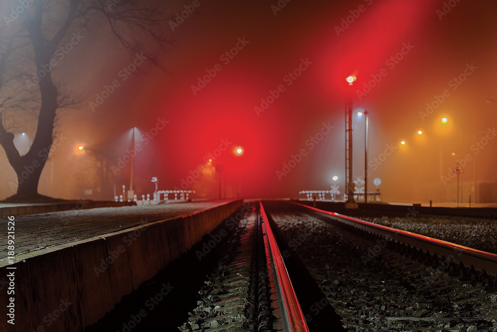 Obraz premium Railway station in the night fog