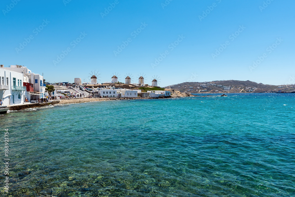 A view of famous traditional windmills on Mykonos island, Cyclades, Greece
