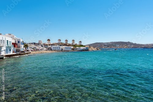 A view of famous traditional windmills on Mykonos island, Cyclades, Greece