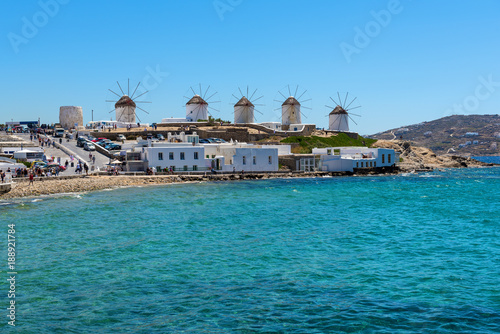 A view of famous traditional windmills on Mykonos island, Cyclades, Greece