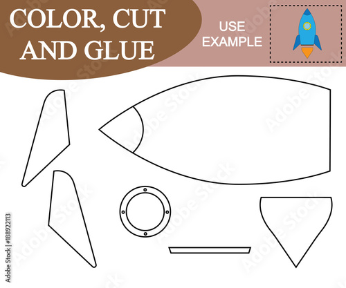 Color, cut and glue to create the image of space rocket (air transport). Game rot children.