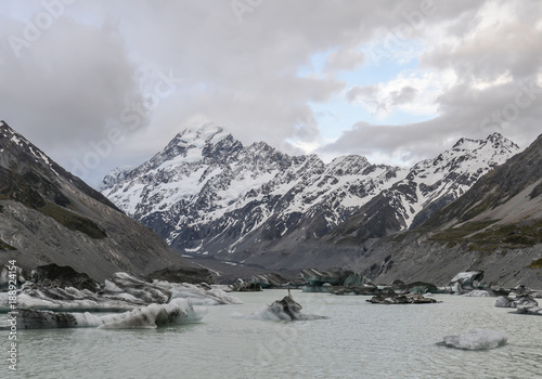 Mt Cook and Ice cubes in the stream New Zealand