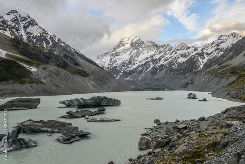 Mt Cook and Ice cubes in the stream New Zealand