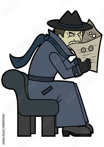 Hidden Spy/ Illustration a secret spy detective in a classic disguise coat, 
sitting on a bench, peeping through a newspaper with holes