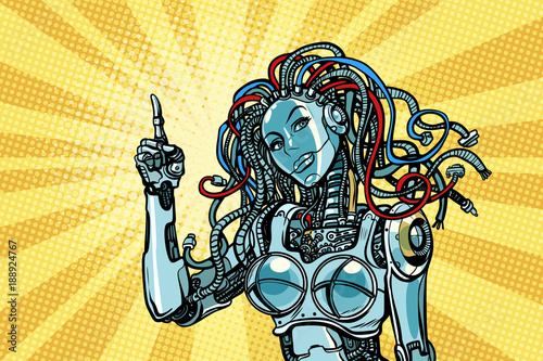 female robot indicates