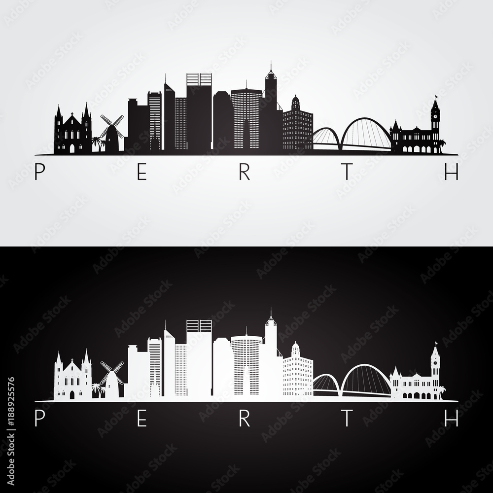 Perth skyline and landmarks silhouette, black and white design, vector illustration.
