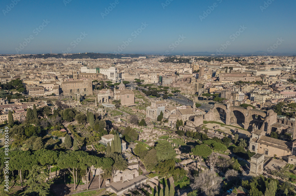 Cityscape of Rome. Aerial view of ancinet Roman ruins