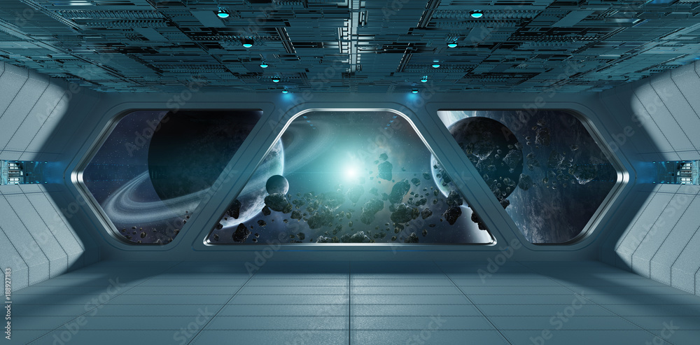 Fototapeta premium Spaceship futuristic grey blue interior with view on exoplanet