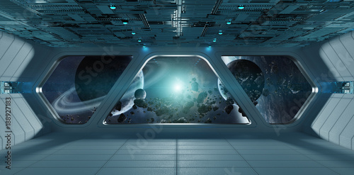 Fototapeta Naklejka Na Ścianę i Meble -  Spaceship futuristic grey blue interior with view on exoplanet