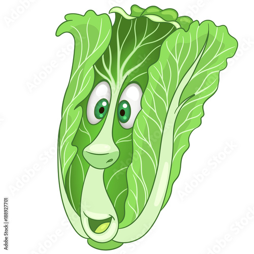 Cartoon Chinese Cabbage character. Green leafy Lettuce. Happy Vegetable symbol. Eco Food icon. Design element for kids coloring book, colouring page, t-shirt print, logo, label, patch or sticker.