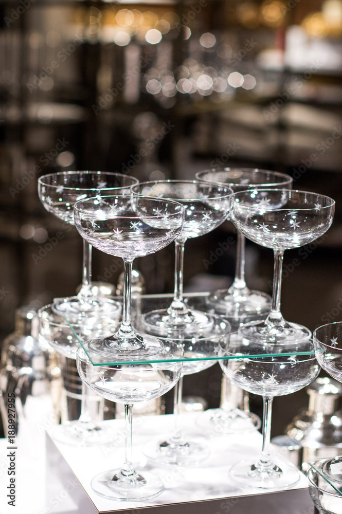 Set of cocktail glasses on display.