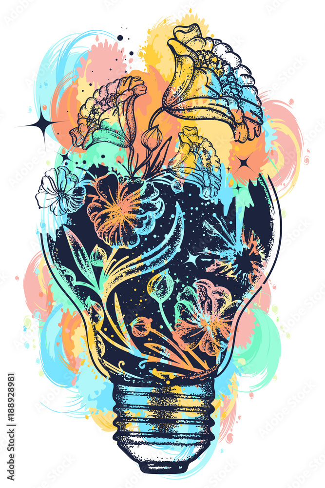 Light bulb tattoo and art nouveau flowers t-shirt design water color  splashes. Symbol of the idea, creativity, creative, imagination, freedom. Tattoo  light bulb Stock Vector | Adobe Stock