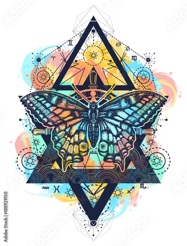 Beautiful Swallowtail color t-shirt design. Butterfly tattoo, geometrical style. Mystical symbol of freedom, nature, tourism. Realistic butterfly art tattoo for women