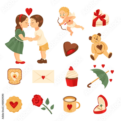 Set of elements for st. Valentine's day. cookie, rose, mug, ring in box. Isolated on white background. photo