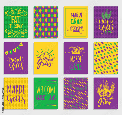Mardi Gras vector hand lettering greeting cards set. Fat,Shrove Tuesday illustrations of jester hats,masks for stickers.