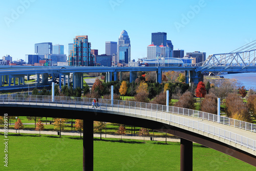 Louisville, Kentucky skyline with pedestrian walkway in front photo