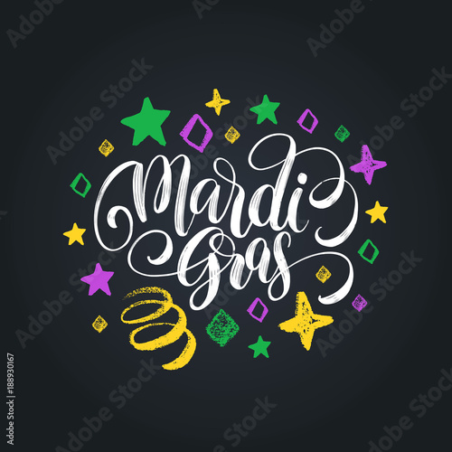 Mardi Gras vector hand lettering. Fat or Shrove Tuesday greeting card, invitation, poster with carnival patterns.
