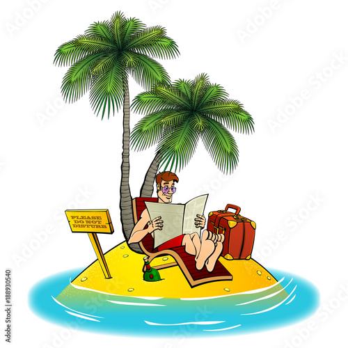 Downshifting. A contented man reads a newspaper on a tiny uninhabited island in the ocean. Palm trees, chaise longue, suitcase, a bottle of alcohol, a plate with Please do not disturb. Set images.