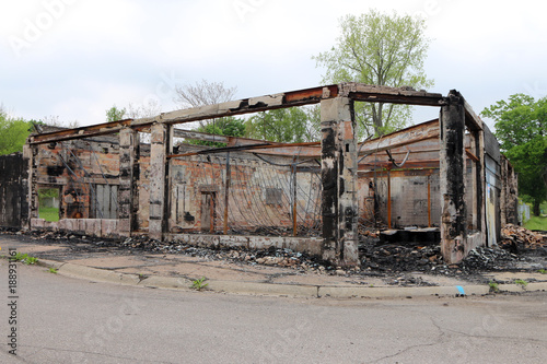 Fire damaged, vandalized and abandoned building in Flint, Michigan.