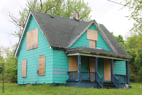 Fire damaged, vandalized and abandoned building in Flint, Michigan.