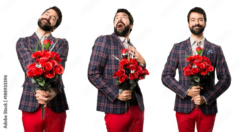  Set of Surprised Well dressed man holding flowers