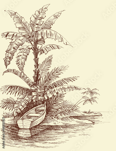 Boat on shore, tropical island drawing. Relaxation and water sports concept