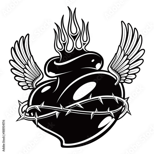 tattoo chicano heart with flames (monochrome version)