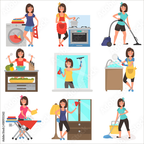 Housework at home color flat illustration set