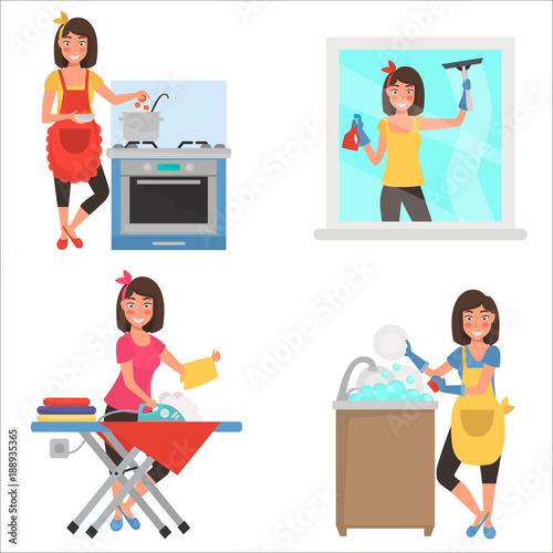 Housework at home color flat illustration set