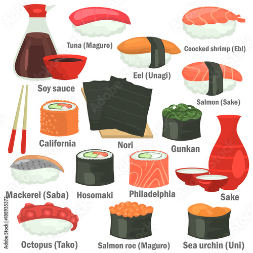 Sushi color flat icons set with names on white background