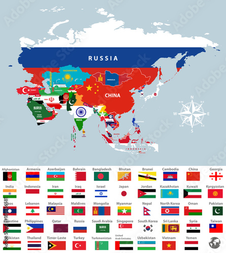 Asia map jointed with country flags. All asian countries flags