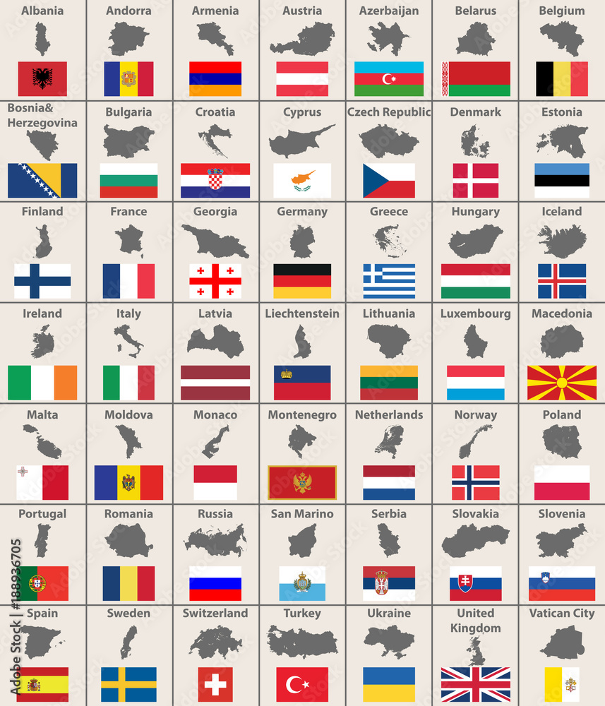 Obraz premium All european maps and flags. Vector set