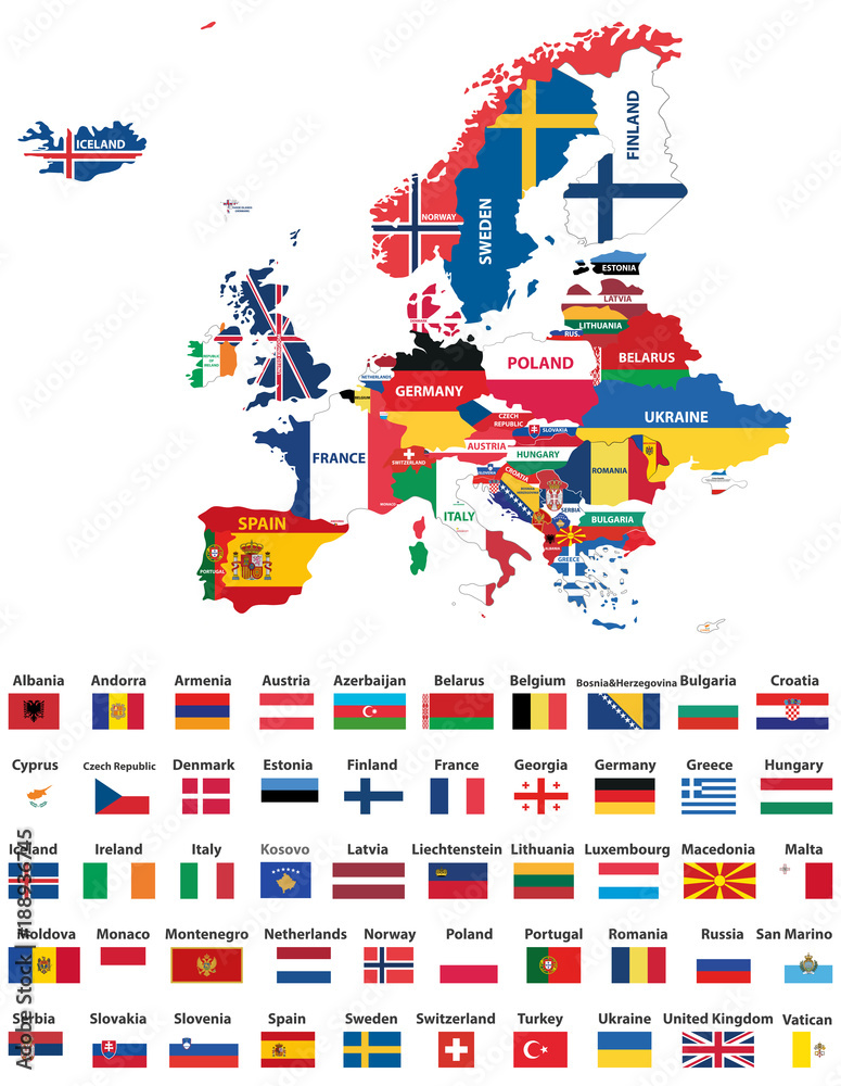 Naklejka premium Europe map mixed with countries national flags. All european flags vector collection