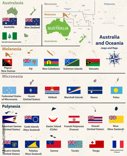 Australia and Oceania(include Australasia, Micronesia, Melanesia and Polynesia) map with country maps and flags