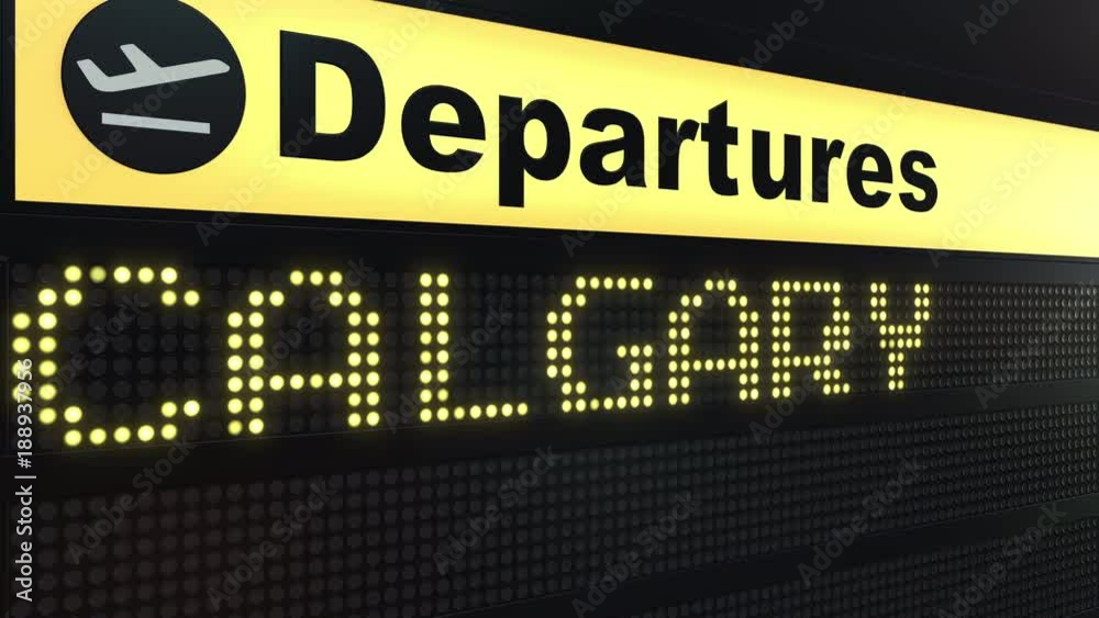 Flight to Calgary on international airport departures board. Travelling to Canada conceptual intro animation