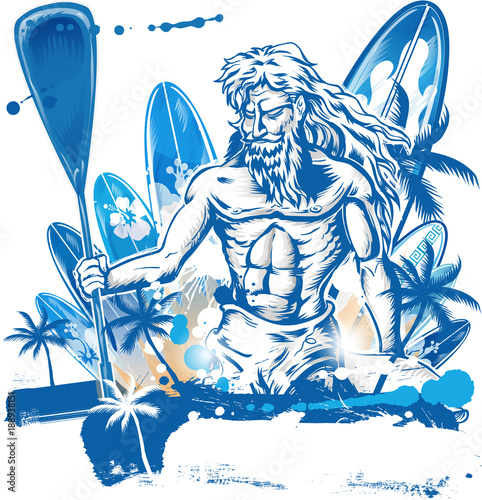 poseidon puddle surfer on surfboard hand draw