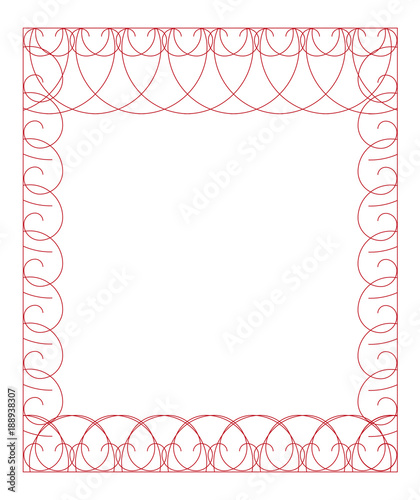 Open-work frame with abstract ornament of curled lines. White background, red repeated pattern.  Effect of pleached wire. EPS10 illustration
