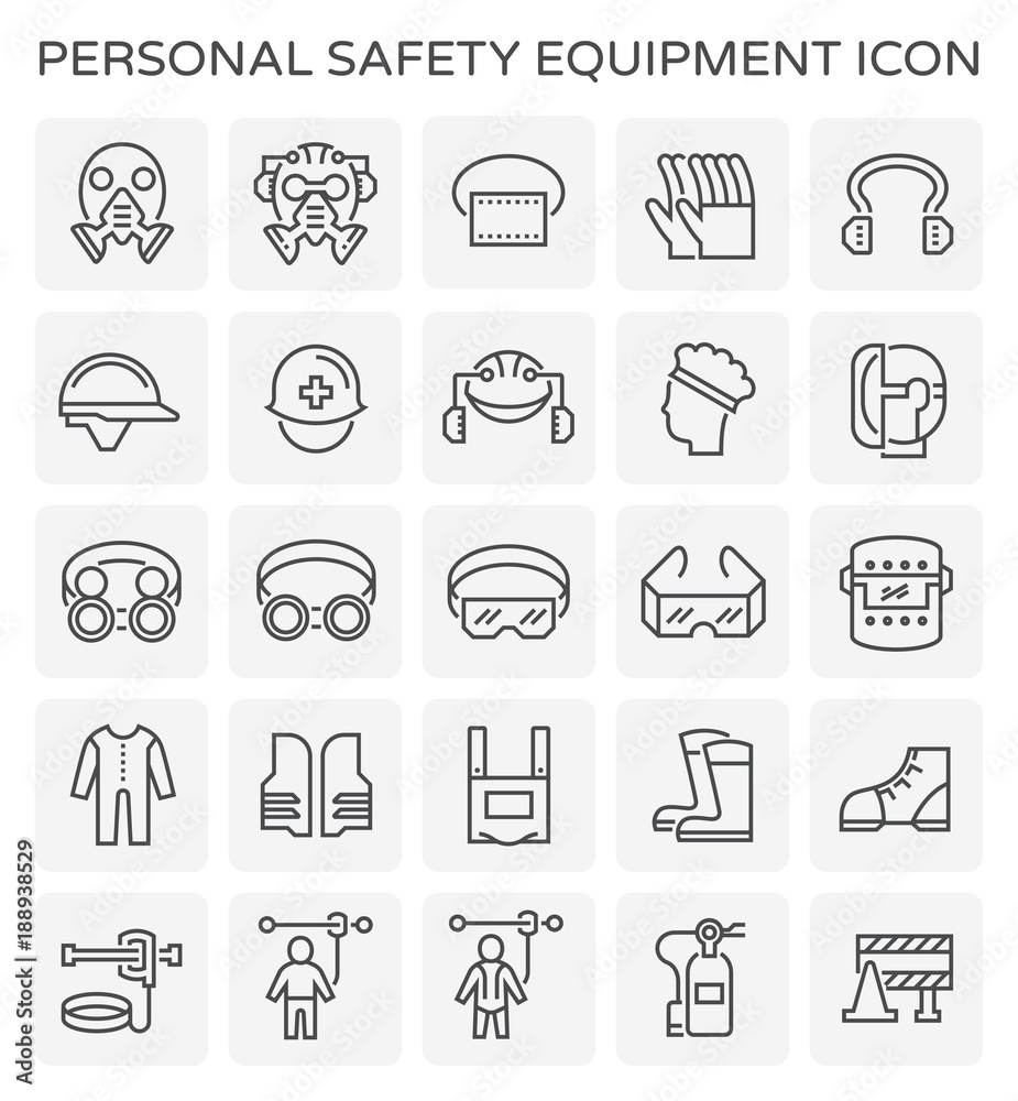 Safety equipment icon or personal protective equipment (PPE) in industrial work. Consist of air purifying respirator, helmet, earmuff, shield, glasses, fire resistant clothing etc. For protect wearer. Safety equipment icon or personal protective equipment (PPE) in industrial work. Consist of air purifying respirator, helmet, earmuff, shield, glasses, fire resistant clothing etc. For protect wearer.