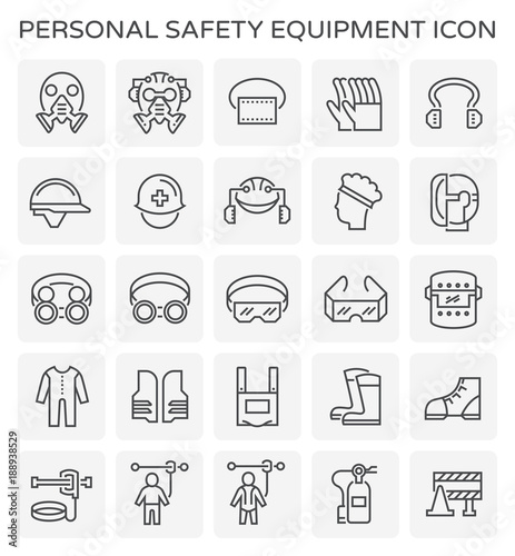 Safety equipment icon or personal protective equipment (PPE) in industrial work. Consist of air purifying respirator, helmet, earmuff, shield, glasses, fire resistant clothing etc. For protect wearer.