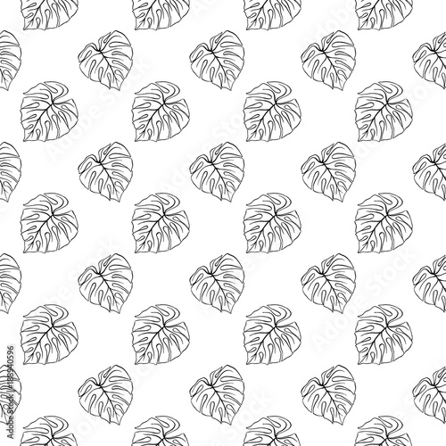 Monstera leaf tropical plant ink line art hand drawn sketch seamless pattern texture background vector