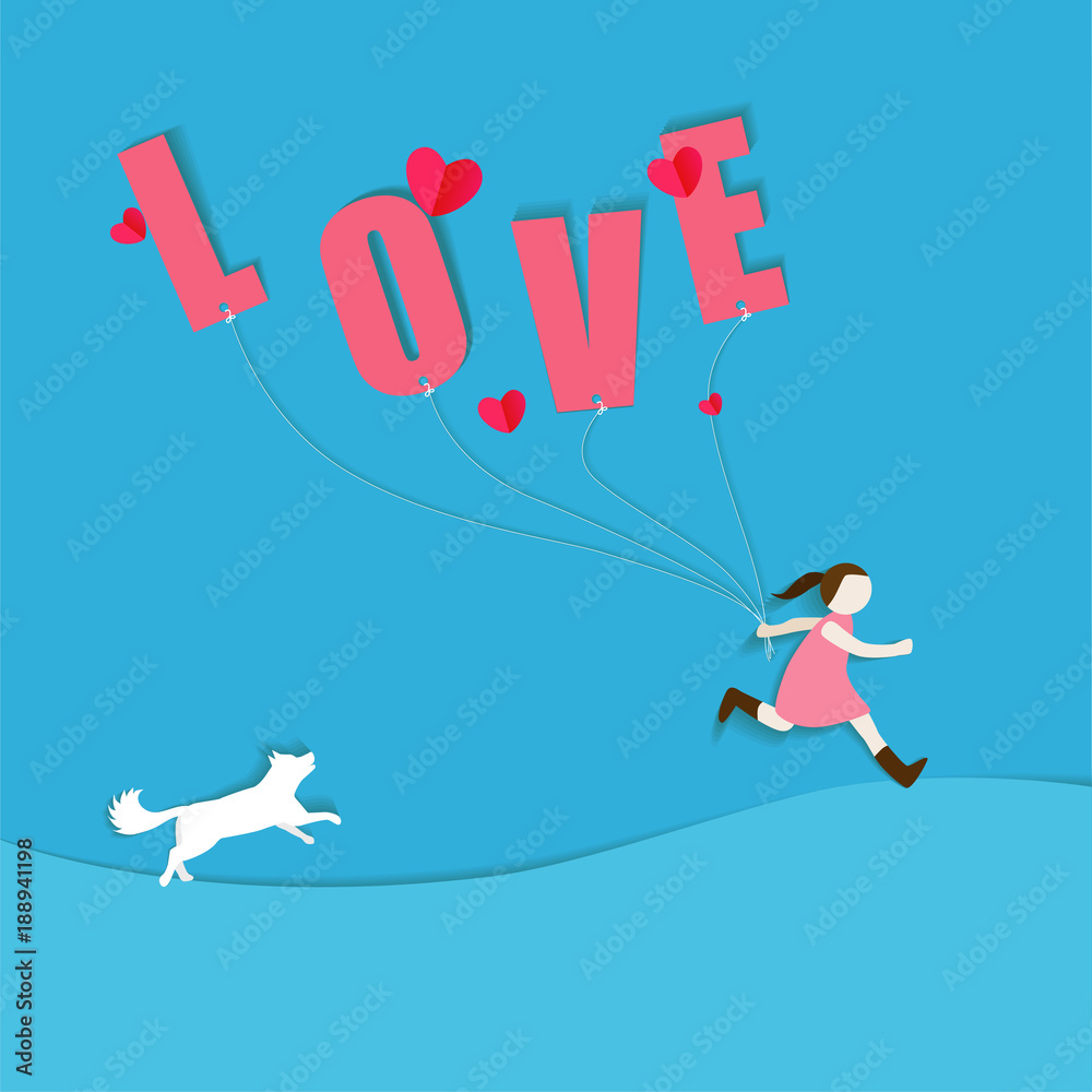 Cute girl running with white dog and carrying letters of the word love. Valentine's day greeting or party invitation template.