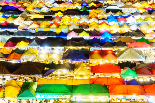 panorama landscape view colorful of plastic roof of ratchada train night market.