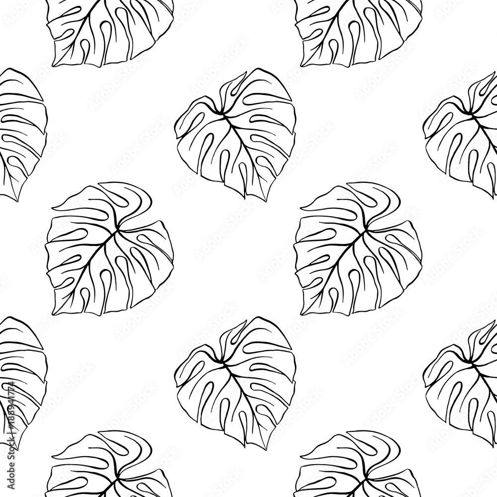 Monstera leaf tropical plant ink line art hand drawn sketch seamless pattern texture background vector Monstera leaf tropical plant ink line art hand drawn sketch seamless pattern texture background vector