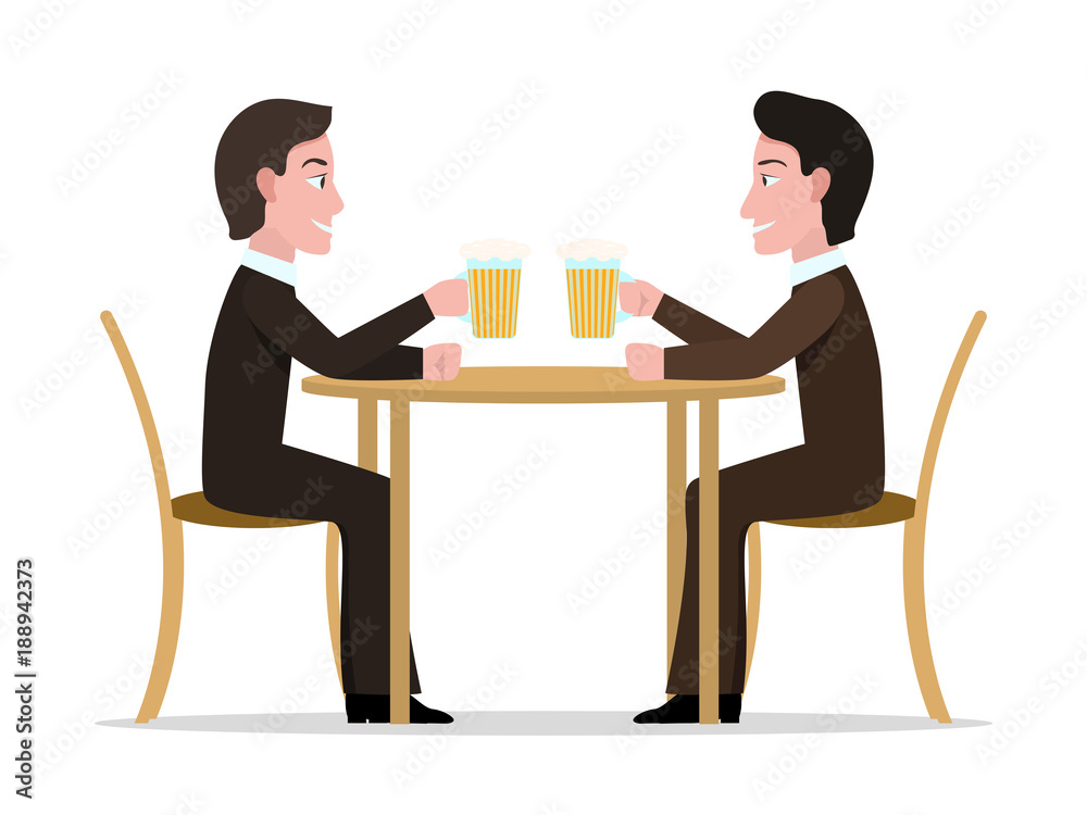 Vector illustration two cartoon men drinking beer