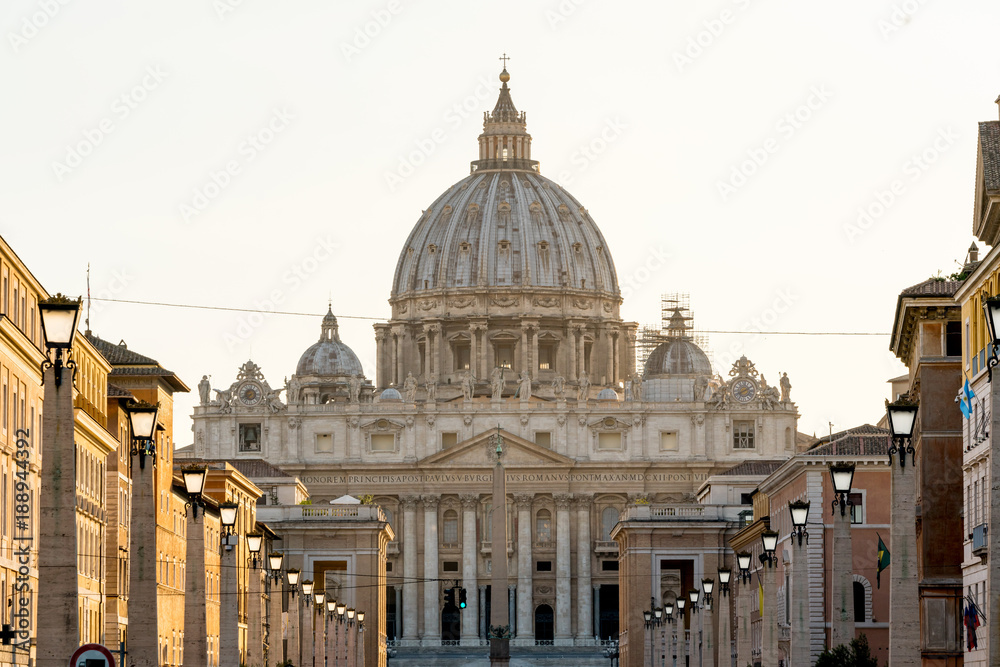Detail of the St Peter's Basilica in Vatican. Statues on the top of St Peter's Basilica in Vatican City.