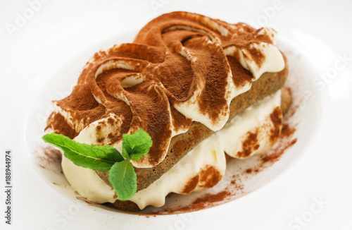 tiramisu cake on white plate